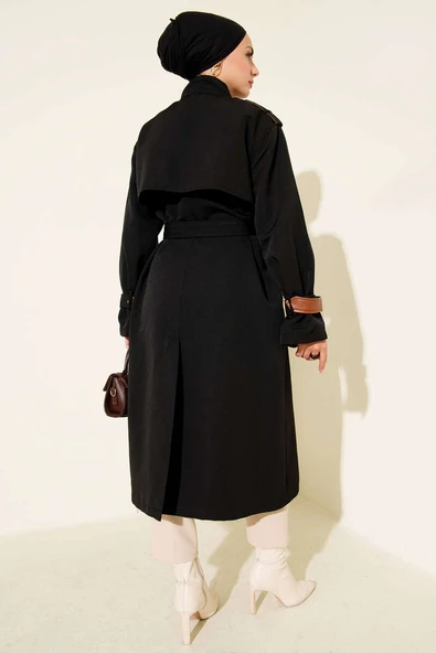 Çıtçıt Düğmeli Deri Detaylı Trençkot Siyah - Resim 3