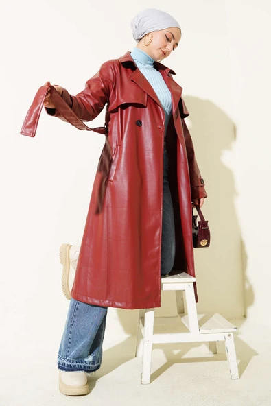 Tek Düğmeli Kuşaklı Deri Trençkot Bordo