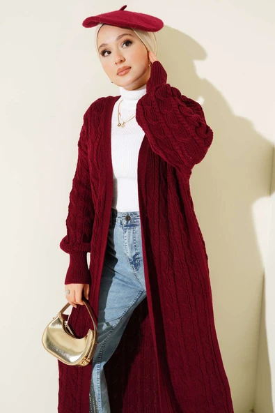 Saç Örgü Uzun Triko Hırka Bordo ürün görseli 1