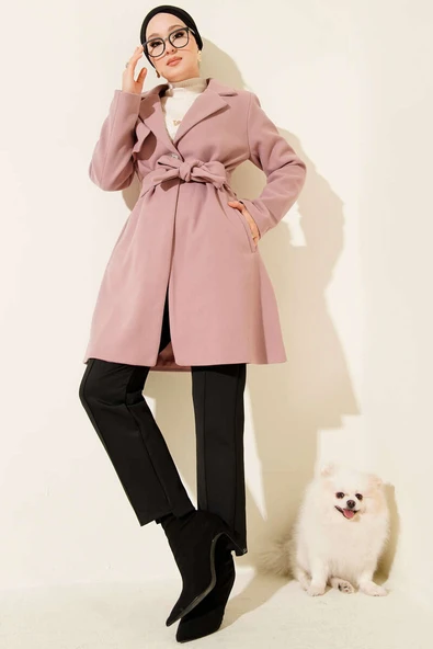 Tek Omuz Apoletli Düğme Detaylı Kaşe Kaban Pudra ürün görseli 1