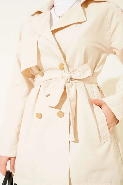 Tek Omuz Apoletli Düğmeli Trençkot Bej - Resim 4