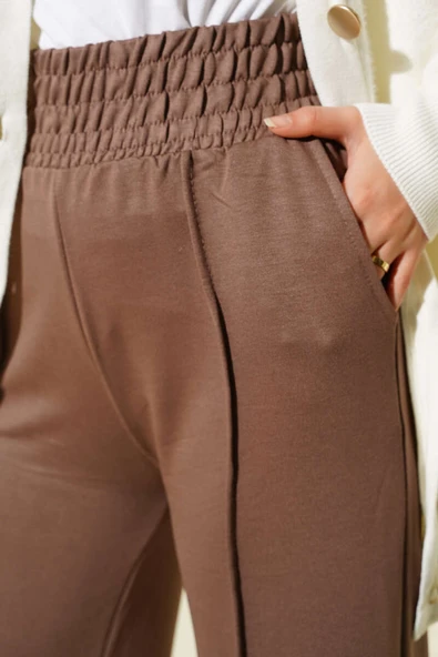 Geniş Bel Lastikli Çımalı Pantolon Vizon - Resim 4