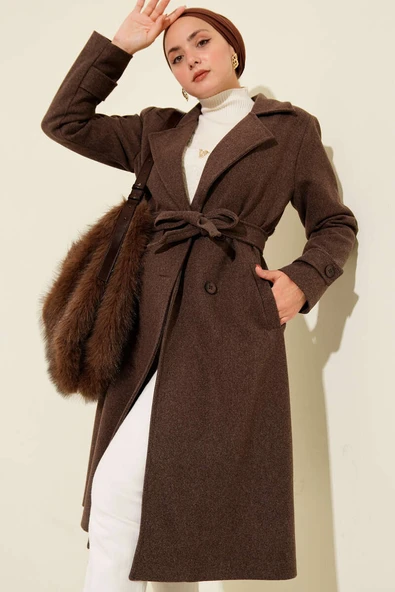 Kruvaze Yaka İki Düğmeli Kaşe Kaban Kahve - Resim 2