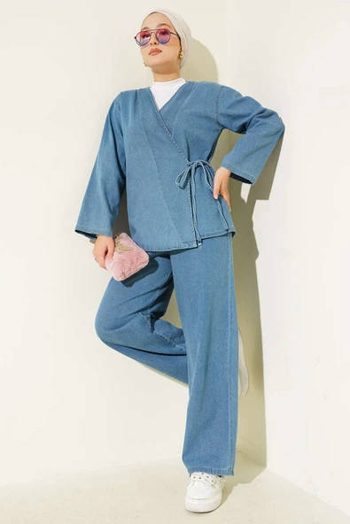 İp Bağlamalı V Yaka Kot İkili Takım Açık Mavi ürün görseli 1