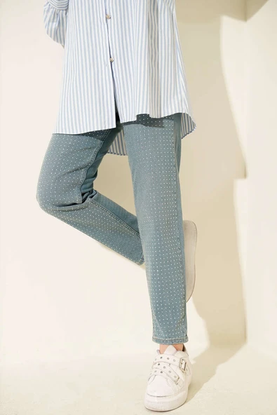 Mini Taşlı Kot Pantolon Açık Tint ürün görseli 1