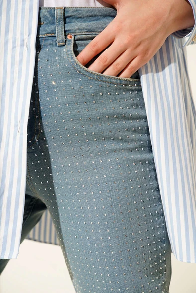 Mini Taşlı Kot Pantolon Açık Tint - Resim 4