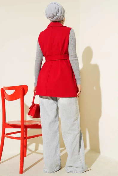 Sıfır Kol Kuşaklı Kaşe Yelek Kırmızı - 3