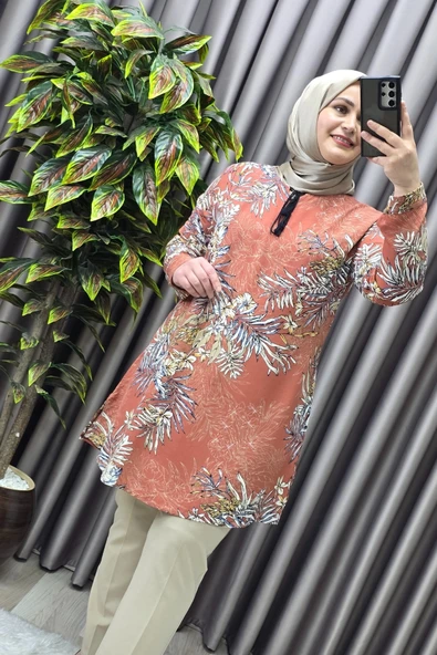 Kadın Tesettür Giyim Büyük Beden Palmiye Desen Tunik - Resim 5