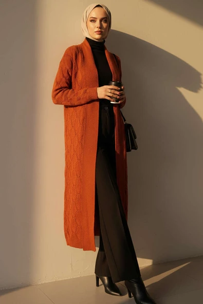 Şal Yaka Örgü Desenli Uzun Triko Hırka Kiremit ürün görseli 1