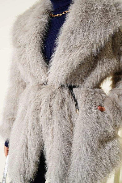 Geniş Yaka Kürklü Mont Gri - Resim 4