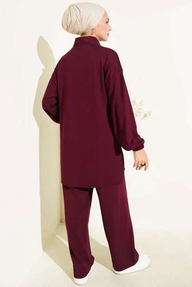 Loyşa Omuz Taşlı Fermuarlı İkili Takım Mürdüm - Resim 3