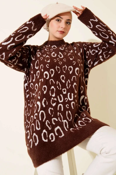 Leopar Desenli Sakallı Tunik Kahve Ekru ürün görseli