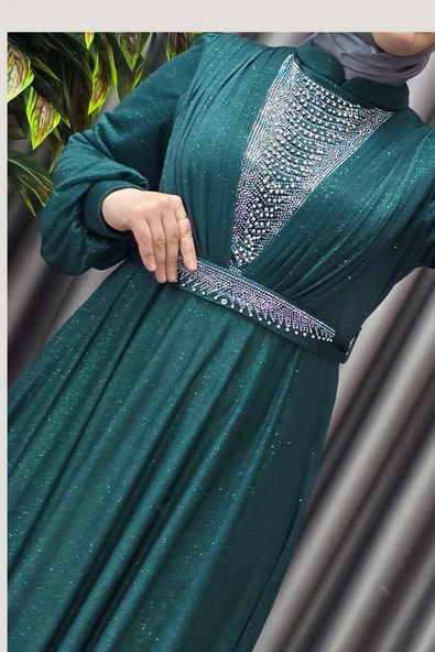 Kadın Tesettür Giyim Büyük Beden Simli Kübra Abiye - Resim 8