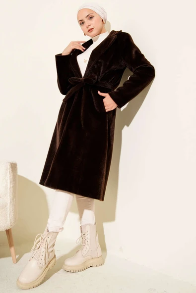 Kuşaklı Bronş Detaylı Kaşe Kaban Acı Kahve - Resim 2