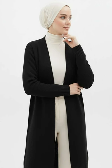 Cepli Uzun Triko Hırka Siyah - Resim 2