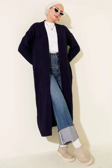 Örgü Büzgülü Uzun Triko Hırka Lacivert ürün görseli 1