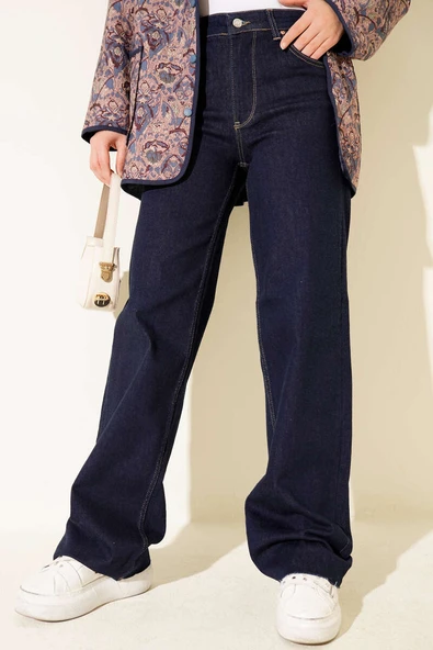 Palazzo Kesik Paça Detaylı Kot Pantolon Lacivert ürün görseli 1