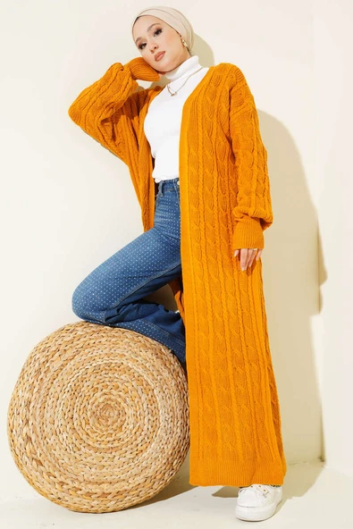 Saç Örgü Uzun Triko Hırka Hardal ürün görseli 1