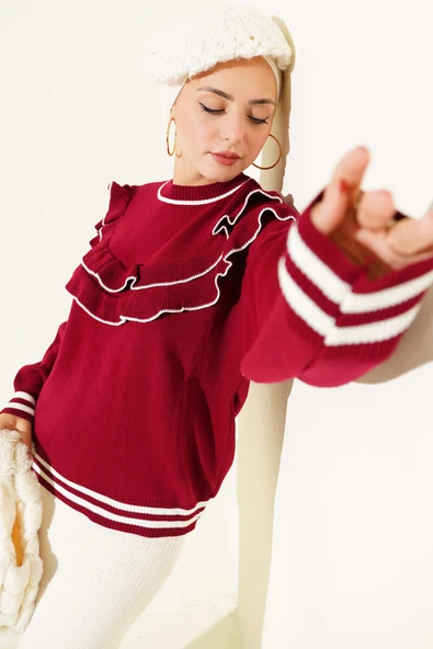 Önü Fırfırlı Triko Kazak Bordo ürün görseli