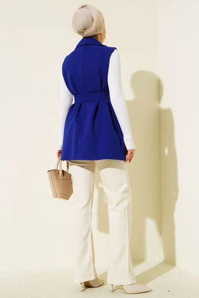 Sıfır Kol Kuşaklı Kaşe Yelek Saks - 3