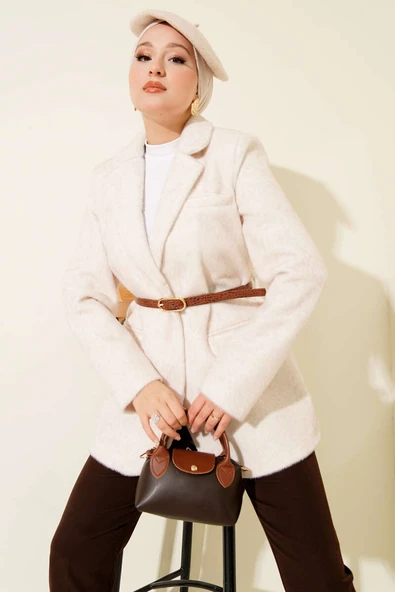 Tek Düğmeli Kemerli Sakallı Ceket Taş ürün görseli 1