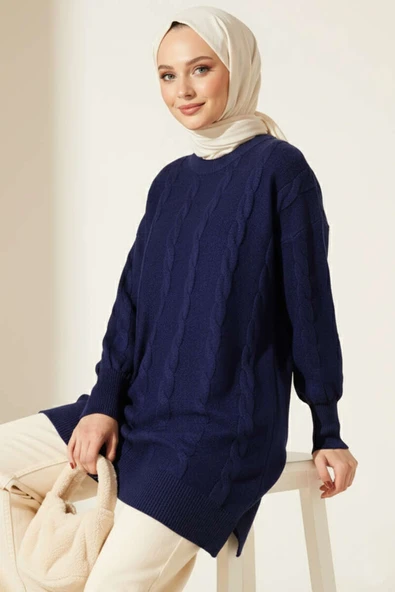 Örgü Kabartmalı Yumoş Triko Tunik Lacivert - Resim 2