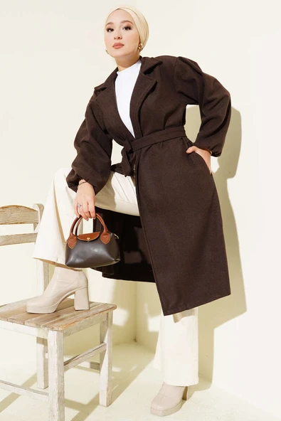 Cepli Kuşaklı Kruvaze Yaka Kaşe Kaban Kahve ürün görseli 1