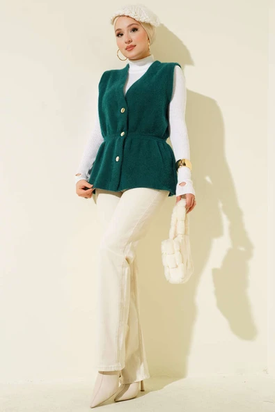 Bel Lastikli Sakallı Triko Yelek Zümrüt - Resim 2