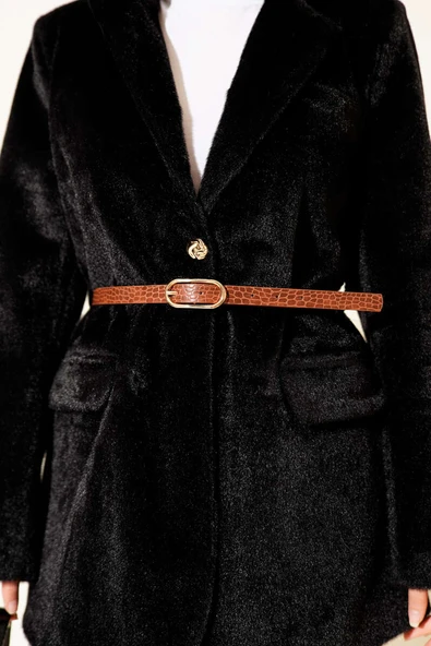 Tek Düğmeli Kemerli Sakallı Ceket Siyah - Resim 4