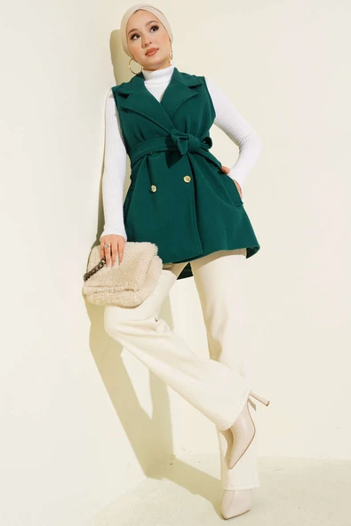 Sıfır Kol Kuşaklı Kaşe Yelek Zümrüt - 2