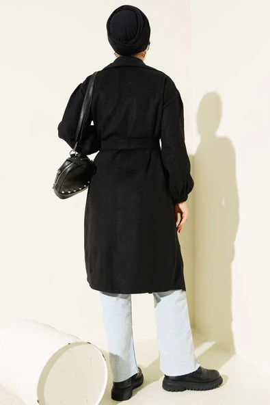 Kruvaze Yaka Belden Bağlamalı Kaban Siyah - Resim 3