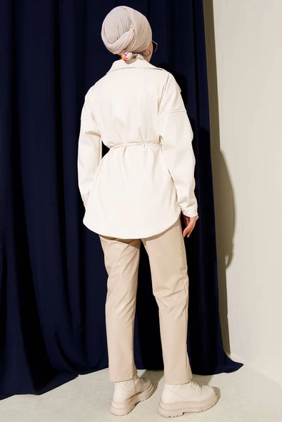 Gömlek Yaka İp Kuşaklı Deri Ceket Ekru - 3