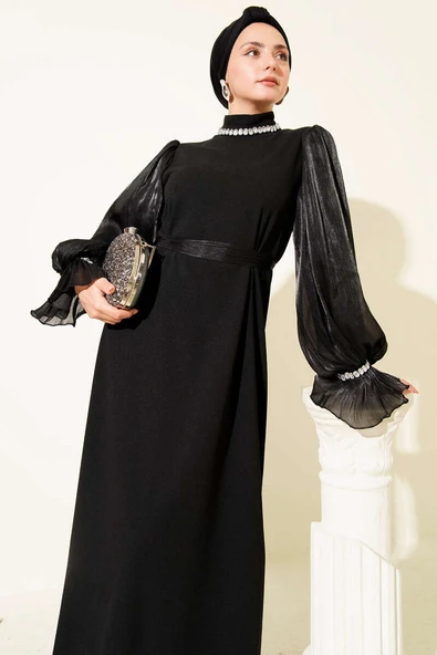 Yaka İnci Detaylı Kuşaklı Abiye Elbise Siyah - Resim 2