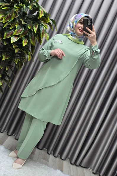 Kadın Tesettür Giyim Büyük Beden Çağla Krep İkili Takım - Resim 7