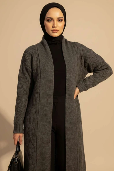 Şal Yaka Örgü Desenli Uzun Triko Hırka Füme - Resim 2