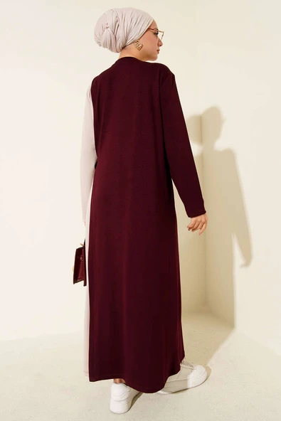 Düğmeli Yandan Bağlamalı Bisiklet Yaka Elbise Bordo - Resim 3