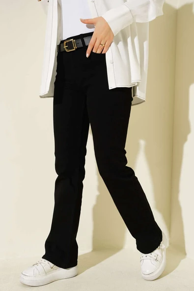 Kemerli İspanyol Paça Kot Pantolon Siyah ürün görseli 1