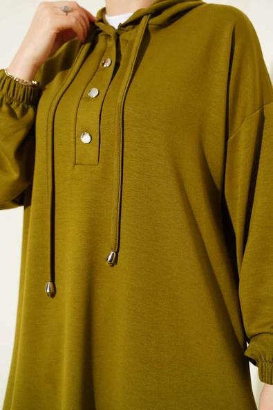 Yanları Metal Düğmeli Kapşonlu İkili Takım Yağ Yeşili - Resim 4