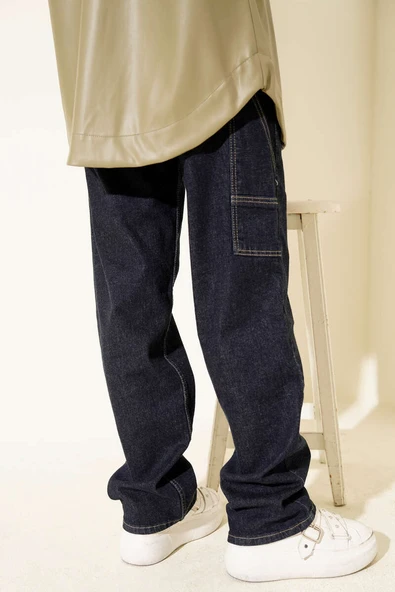 Yan Kemer Tokalı Mom Kot Pantolon Lacivert - Resim 3