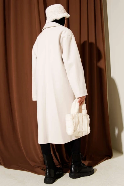 Kruvaze Yaka İki Düğmeli Detaylı Kaşe Kaban Taş - Resim 3