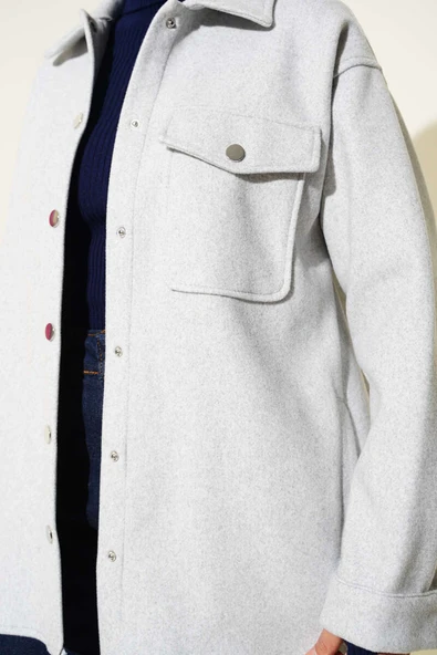 Çıtçıt Düğmeli Gömlek Yaka Kaşe Ceket Açık Gri - 4