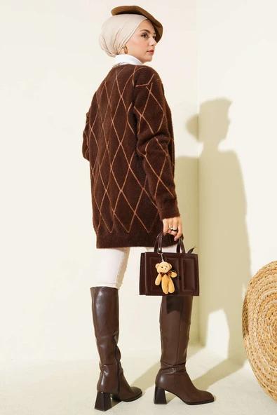 Baklava Desen Çizgili Cepli Sakallı Hırka Kahve - Resim 3