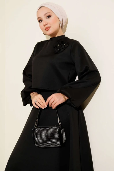 Gül İşlemeli Etekli İkili Takım Siyah - Resim 2