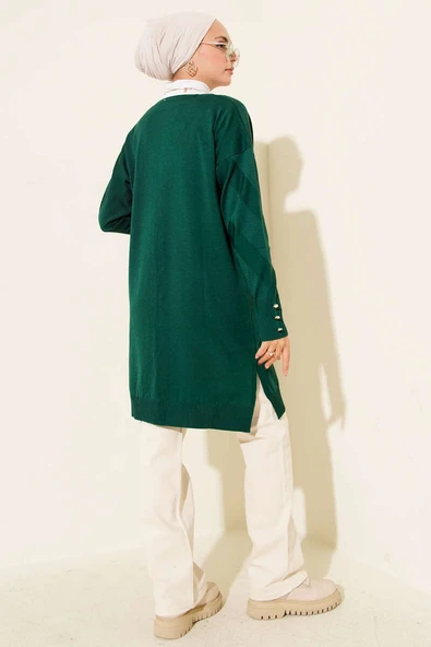 Zigzag Desenli Düğmeli Merserize Hırka Zümrüt - Resim 3