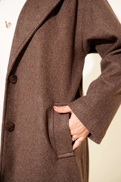 Kruvaze Yaka İki Düğmeli Detaylı Kaşe Kaban Kahve - 4