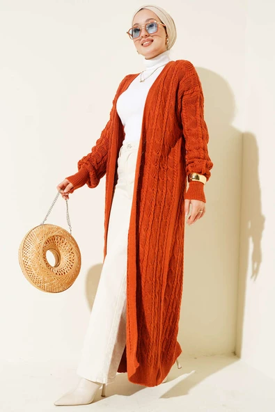 Saç Örgü Uzun Triko Hırka Kiremit