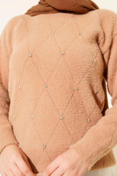 Serpme Taşlı Çizgili Sakallı Kazak Latte - Resim 4