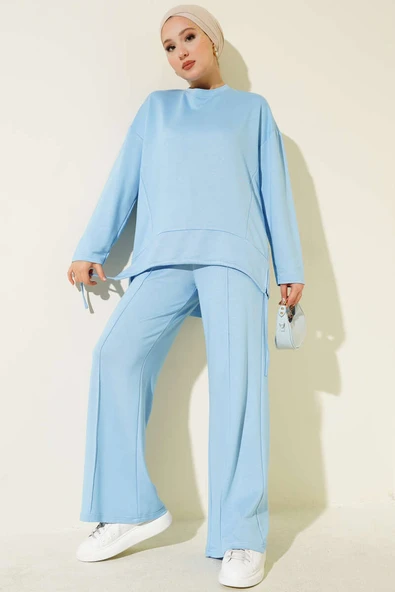 Asimetrik Kesim Bisiklet Yaka İkili Takım Mavi ürün görseli 1