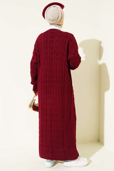 Saç Örgü Uzun Triko Hırka Bordo - Resim 3