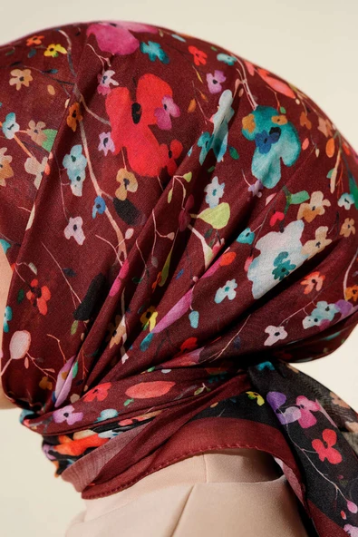 Mini Çiçek Detaylı Soft Eşarp Bordo - Resim 4